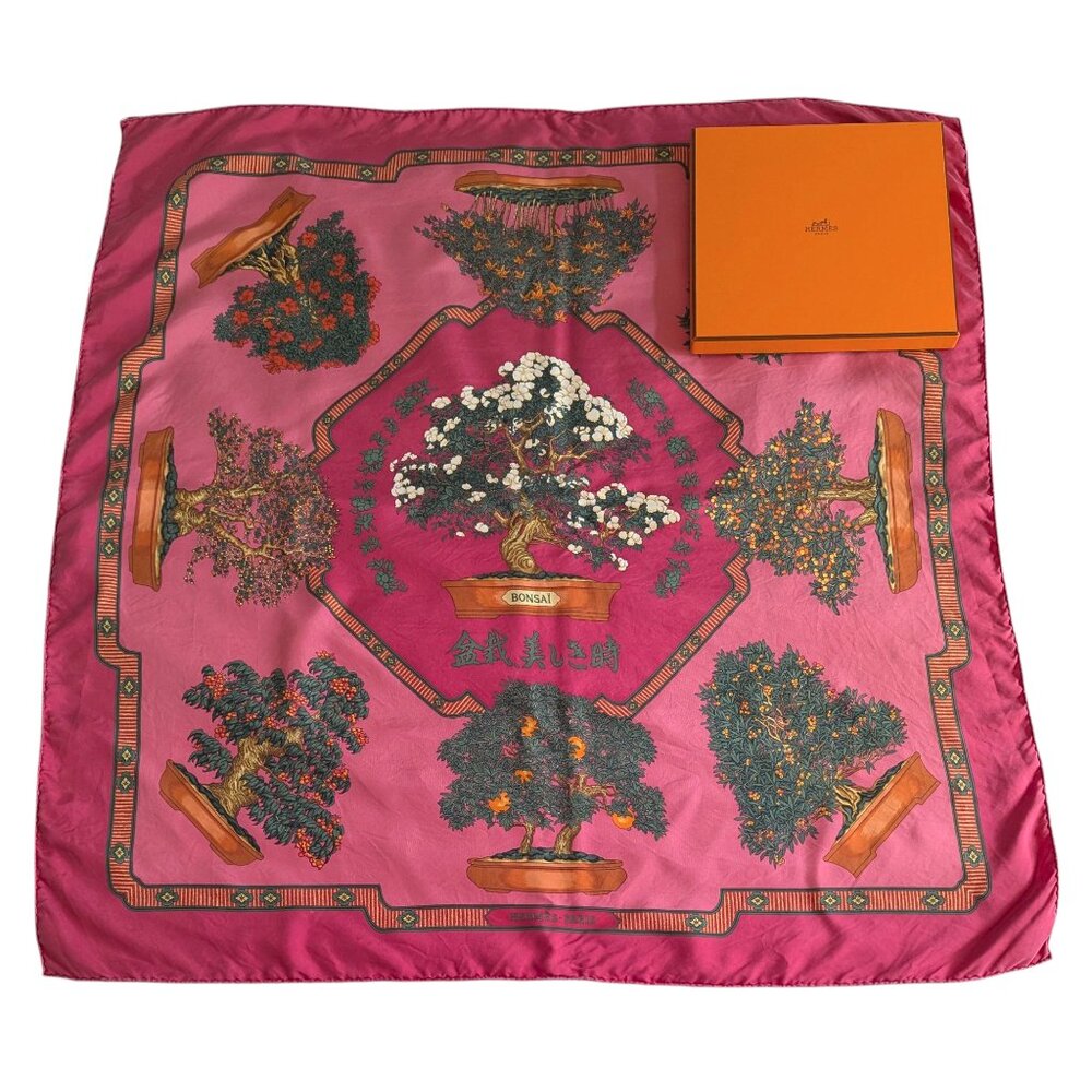 HERMES Vintage Bonsai Pink 90 cm Silk Square Scarf 1991 with Box RARE